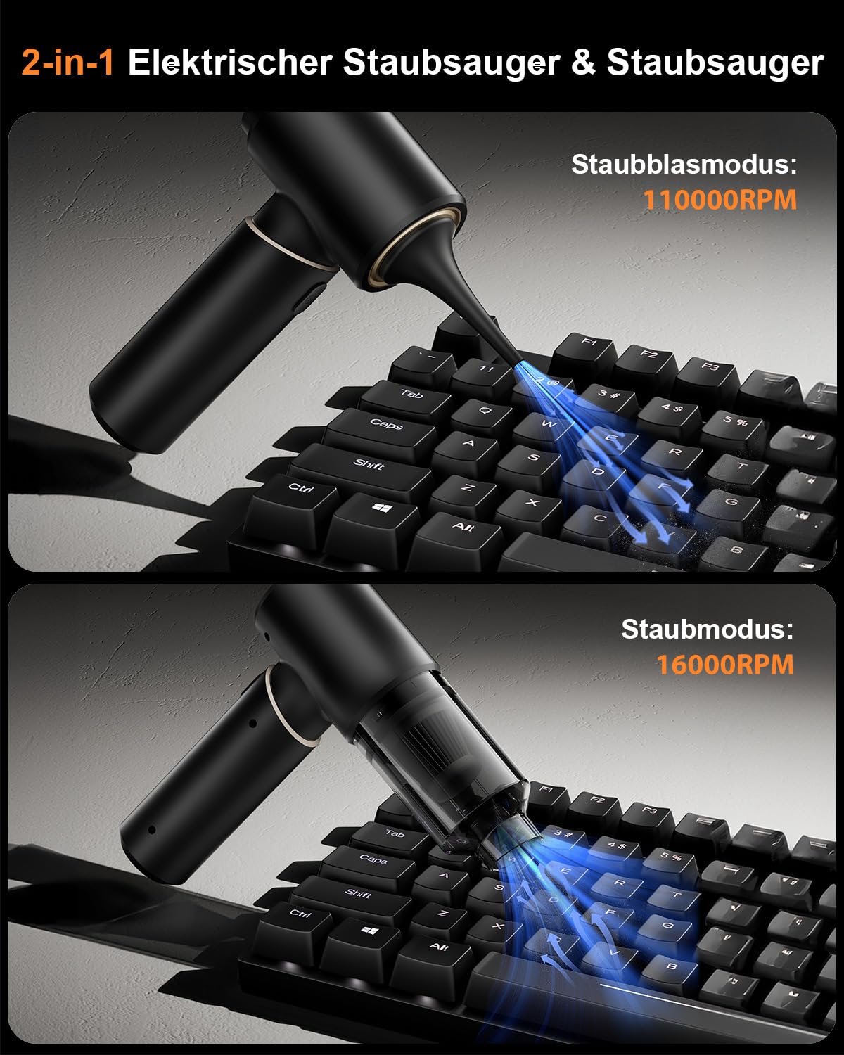 Handstaubsauger Akku Kabellos, 16000Pa Mini Staubsauger mit Bürstenlosem Motor 100000 U/min, 6000mAh USB-C Schnellladung, 2-in-1 Saugen & Blasen, für Auto Tierhaare Tastatur Sofa