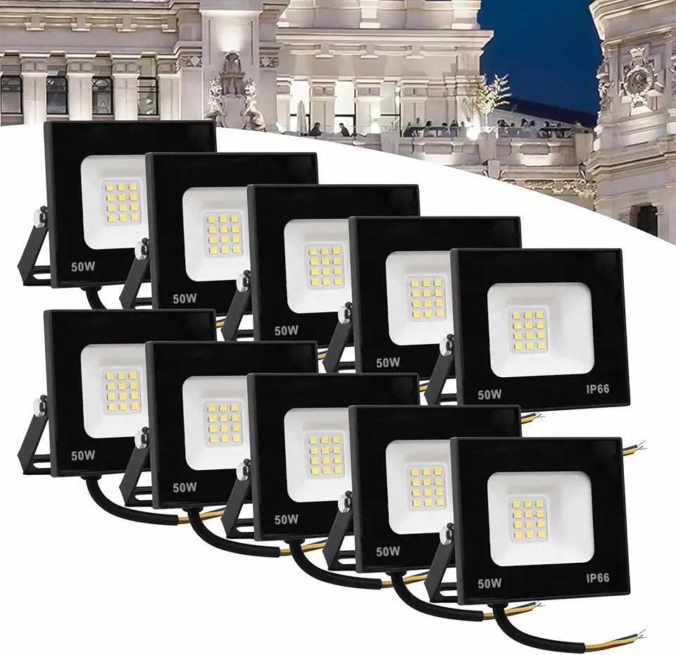 Kit 10 Refletor Led 50w Holofote Bivolt Prova Dágua Luz FriO