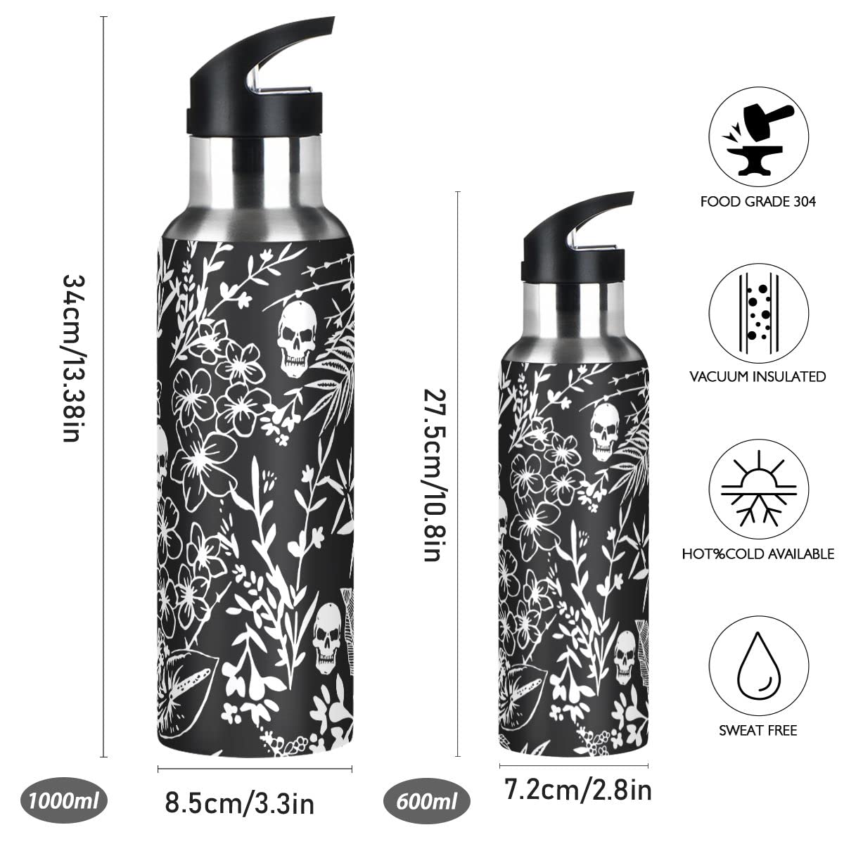 Edelstahl Wasserflasche mit Strohhalm, Blättern und Totenköpfen Isolierte Trinkflasche Sport Wasserflasche für Kinder Erwachsene, auslaufsicher, 1L