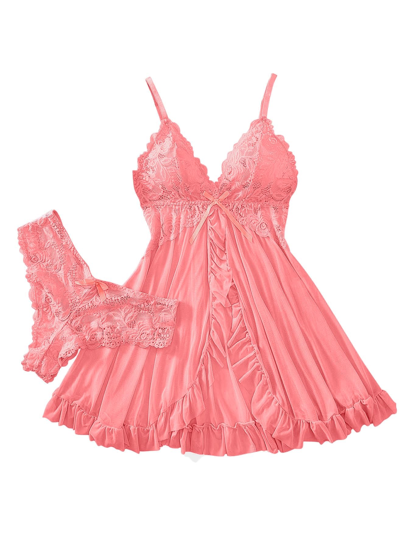 Foxiny Sexy Lingerie Dress 2pcs Women Night Gown with Thong 3XS-6XL