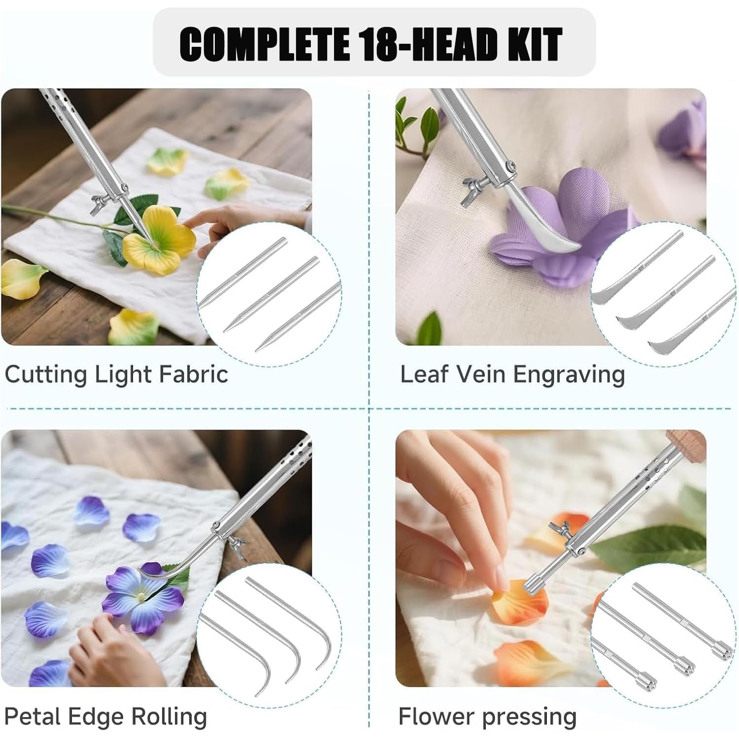wodjcks Máquina multifuncional para hacer flores artificiales, plancha eléctrica para bricolaje, 18 piezas para hacer flores de tela falsas, tecnología control temperatura, para talleres artesanía