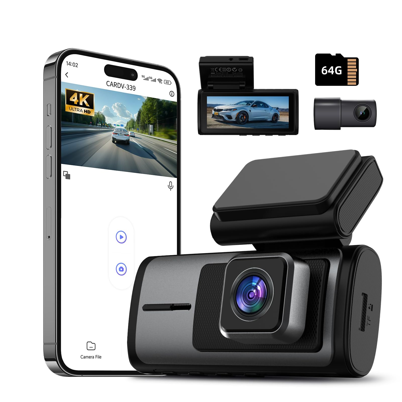 4K Dash Cam Front and Rear with WiFi 64GB Card Included Dual Dashcam with Parking Monitor Dash Camera