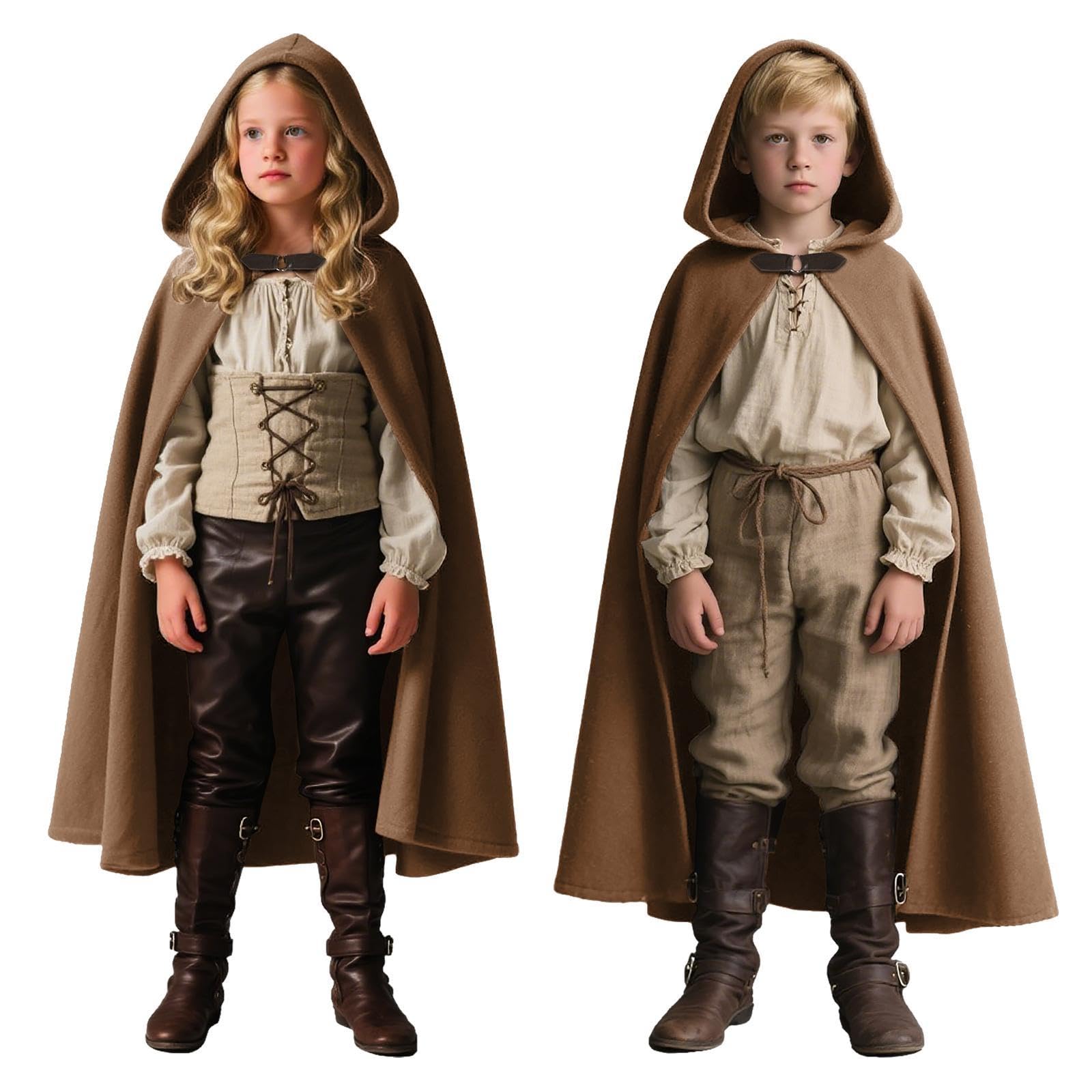 Medieval Cape with Hood - Renaissance Festival Cloak- Faux Leather Ring Buckle Closure,Zauberer Zaubermantel for Fantasy LARP Costume Halloween Party, Cosplay, Masquerade (Coffee, M (140-165)) โ image 1