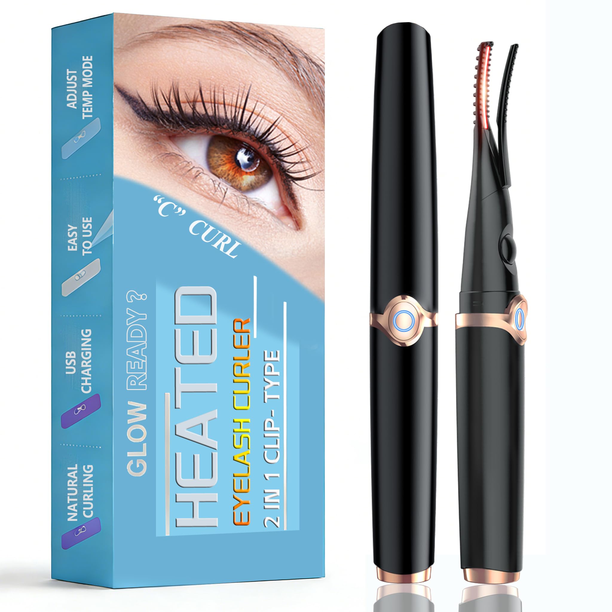 Heated Eyelash Curlers - 2 in 1 Clip- Type Heated lash Curler Best Seller Electric Eyelash Curler 3 Temp Settings for Makeup Tools USB Rechargeable Natural Curling 24H Long Lasting B-2
