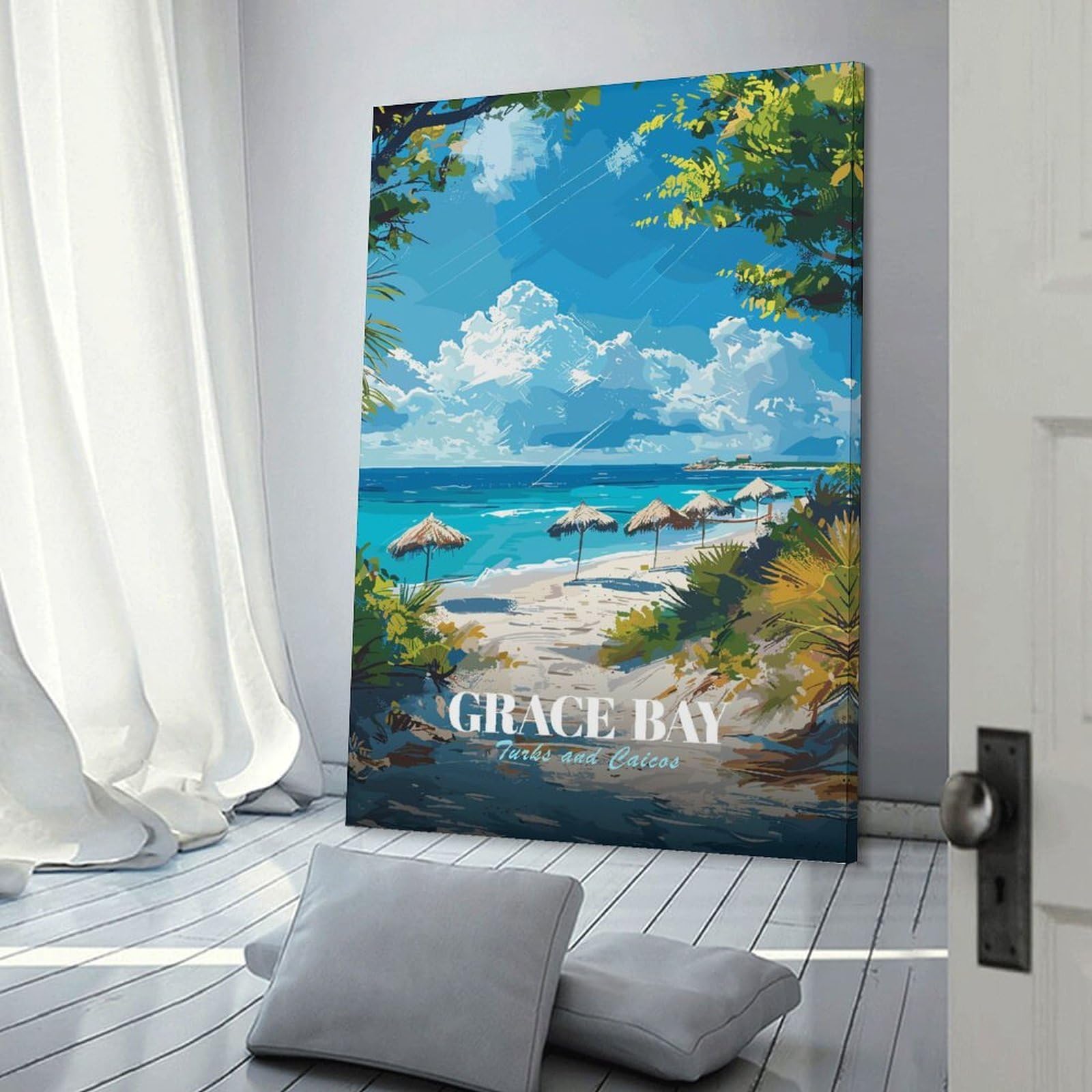 Junmoney Frame-Style-2 Grace Bay, Turks And Caicos Canvas Wall Picture, 20X30inch(50X75cm), For Study, Office Or Focused Interiors, Home Office Artwork With Decorative Appeal