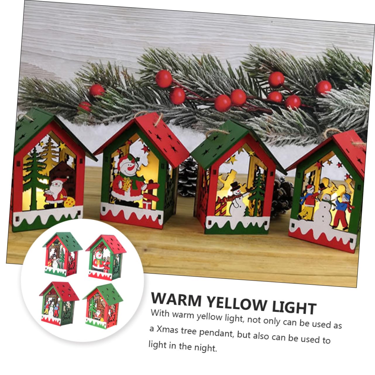 TOPBATHY 2 Set Luminous Xmas Wooden House Pendant Decorative DIY Christmas Tree Ornaments for Festive Home Decor 4 Pezzi * 2