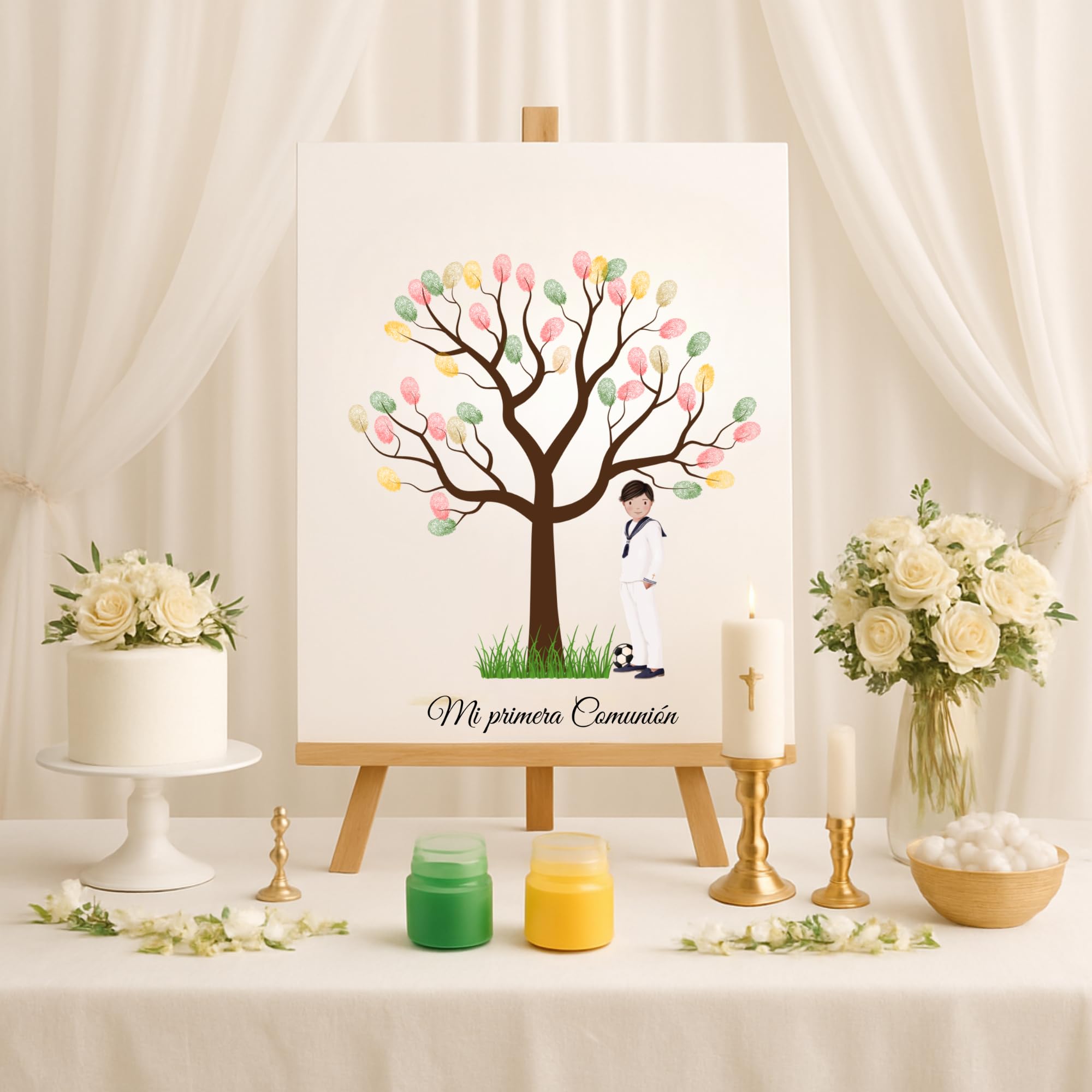 Eedama Decor Árbol de Huellas Comunión Niño Moreno – Lámina A3 con 2 Tintas incluídas (aleatorias) – Recuerdo Original para Invitados – Decoración de Primera Comunión — view 2