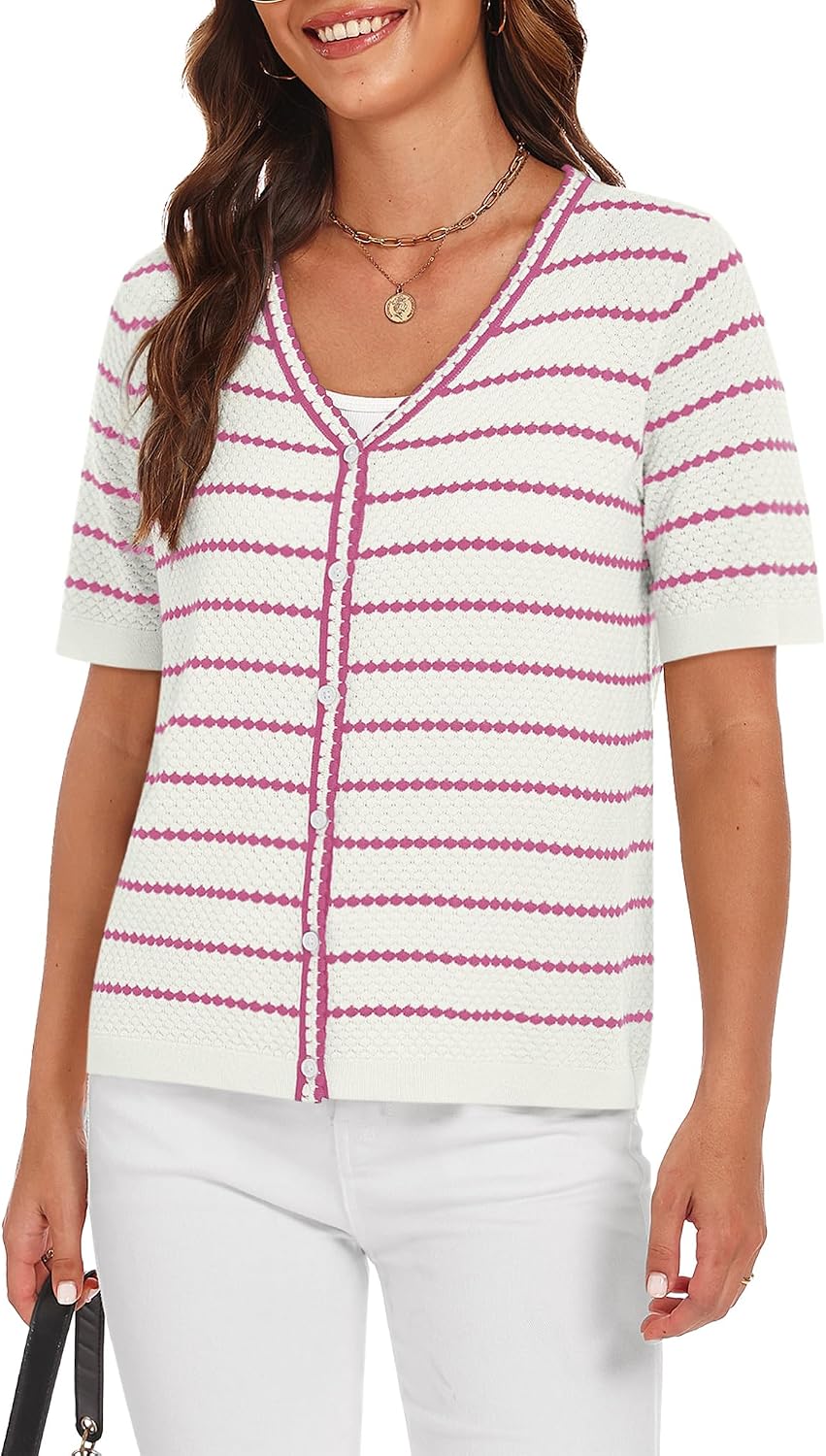 COCCKO Crochet Tops for Women V Neck Short Sleeve Striped Sweater Summer Button Shirts Knit Casual Blouses
