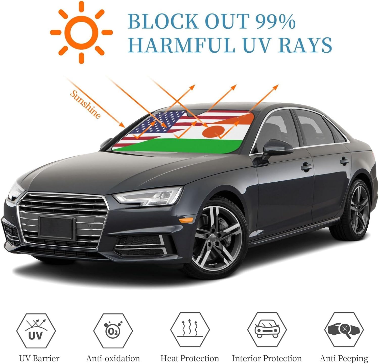 America Niger Friendship Flag Foldable Car Windshield Sunshade Blocks Heat and Sun Glare Uv Rays