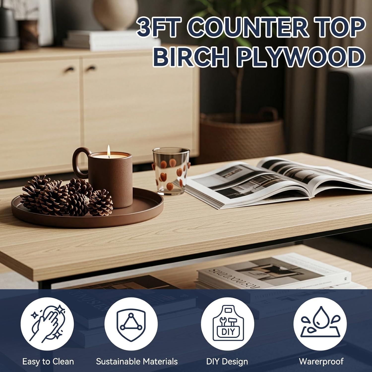 4FT Birch Plywood Countertop, 47.58" L x 23.4" W x 1.5" Th Table Top for DIY Furniture Projects, Standing Desk, Office Table, Workbench, Table Top Only for Coffee Bar Table