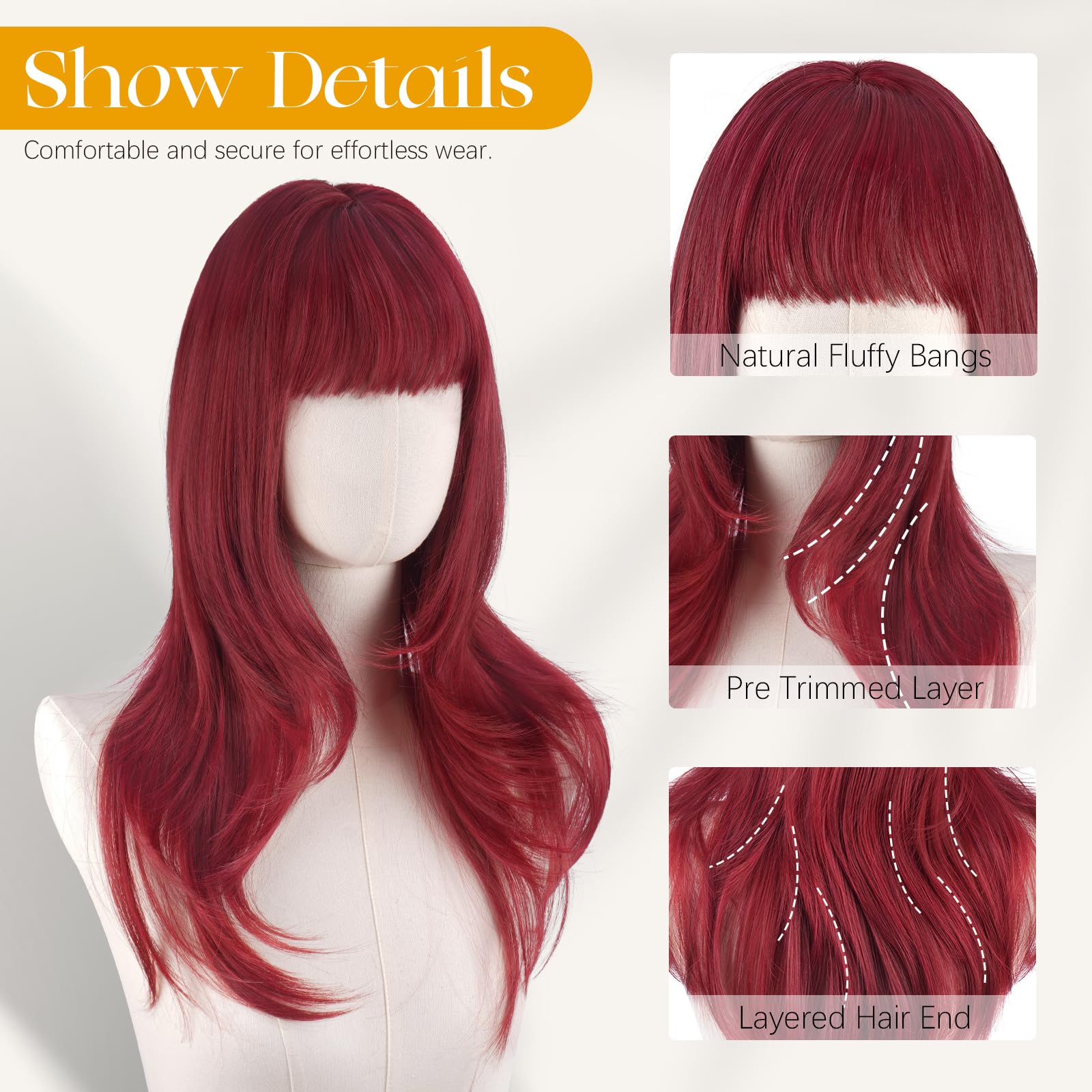 Sofeiyan Parrucche Lunga Layered Con Frange Lisci per Donna,Parrucche Sintetiche Resistenti al Calore Naturale Dritta Parrucche con Frangia per Halloween/Party,60 cm Rosso