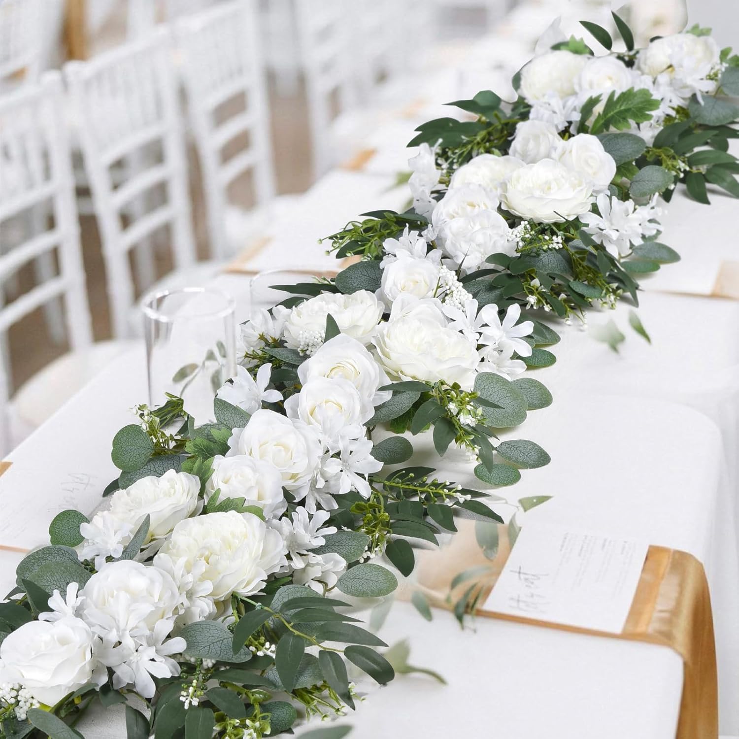 Lvydec 2 Pack Artificial Peony Flower Garland - 6ft Silk Peony Vine Willow Leaves and Eucalyptus Garland White Arch Flower Vine for Wedding Party Table Decoration (White)