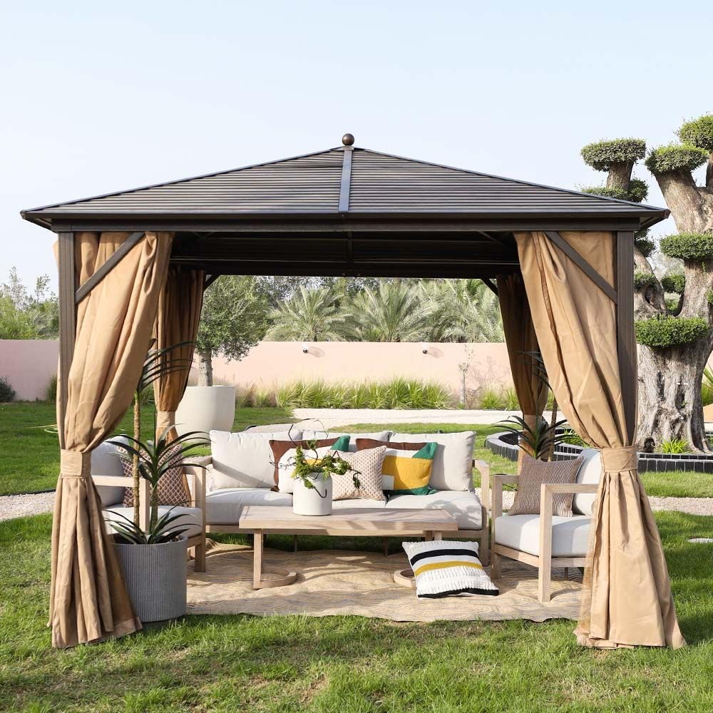 Danube Home Marhaba Metal Gazebo Without Seating | Steel Frame I Galvanized Metal Roof With Curtain I Weather Resistant Garden Canopy With Mosquito Net I Modern Design Outdoor Furniture I 3X3 M-Beige