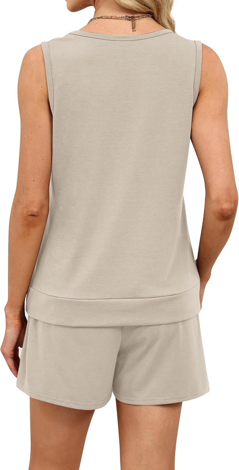 WIHOLL Two Piece Sets for Women Summer Lounge Short Sets Tank Square Neck Sleeveless Sweatsuit with Pocket - Image 5