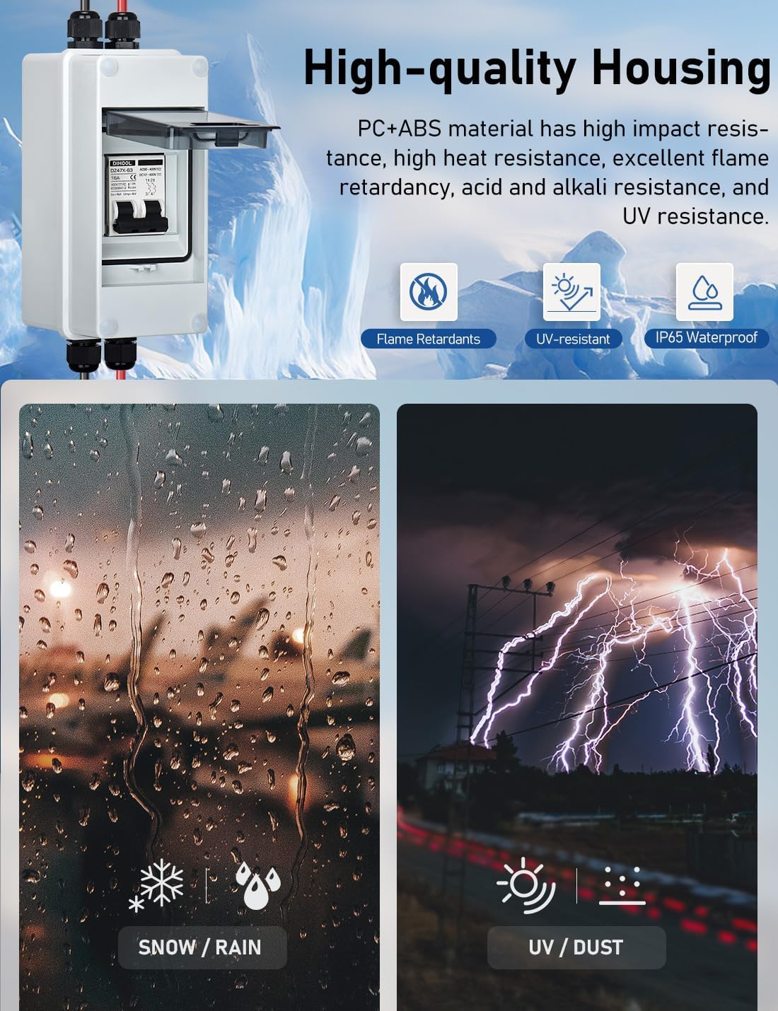 DIHOOL AC DC Circuit Breaker with IP65 Din Box for Solar Systems, 15 Amp 2 Pole 12V-400V, Non Polarized, Solar Panel Disconnect Switch, PV Array Shut Off Isolator - Image 3