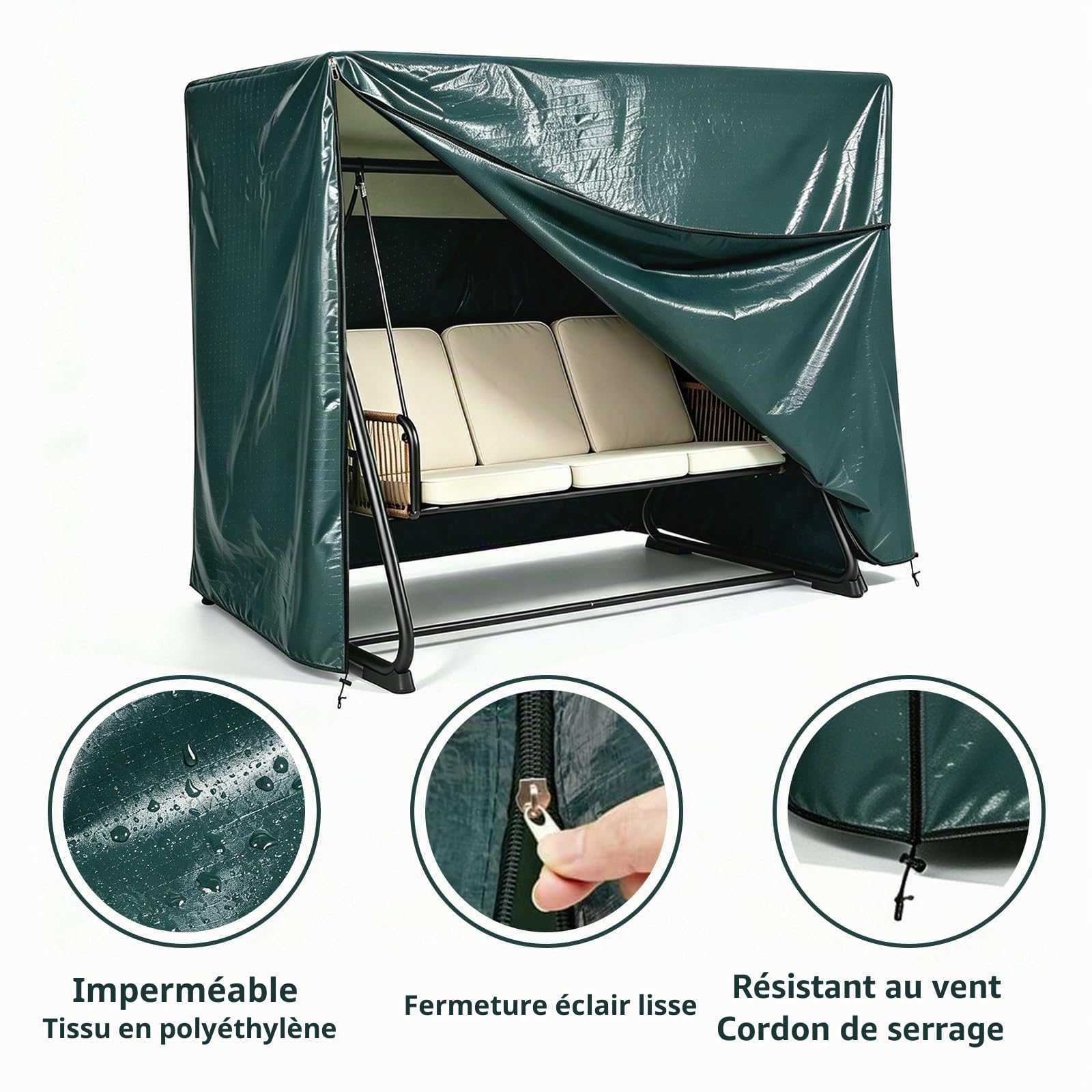 Housse pour balancelle, 3 places, 220 x 125 x 170 cm, grande, avec fermetures éclair, étanche, anti-poussière, vert,