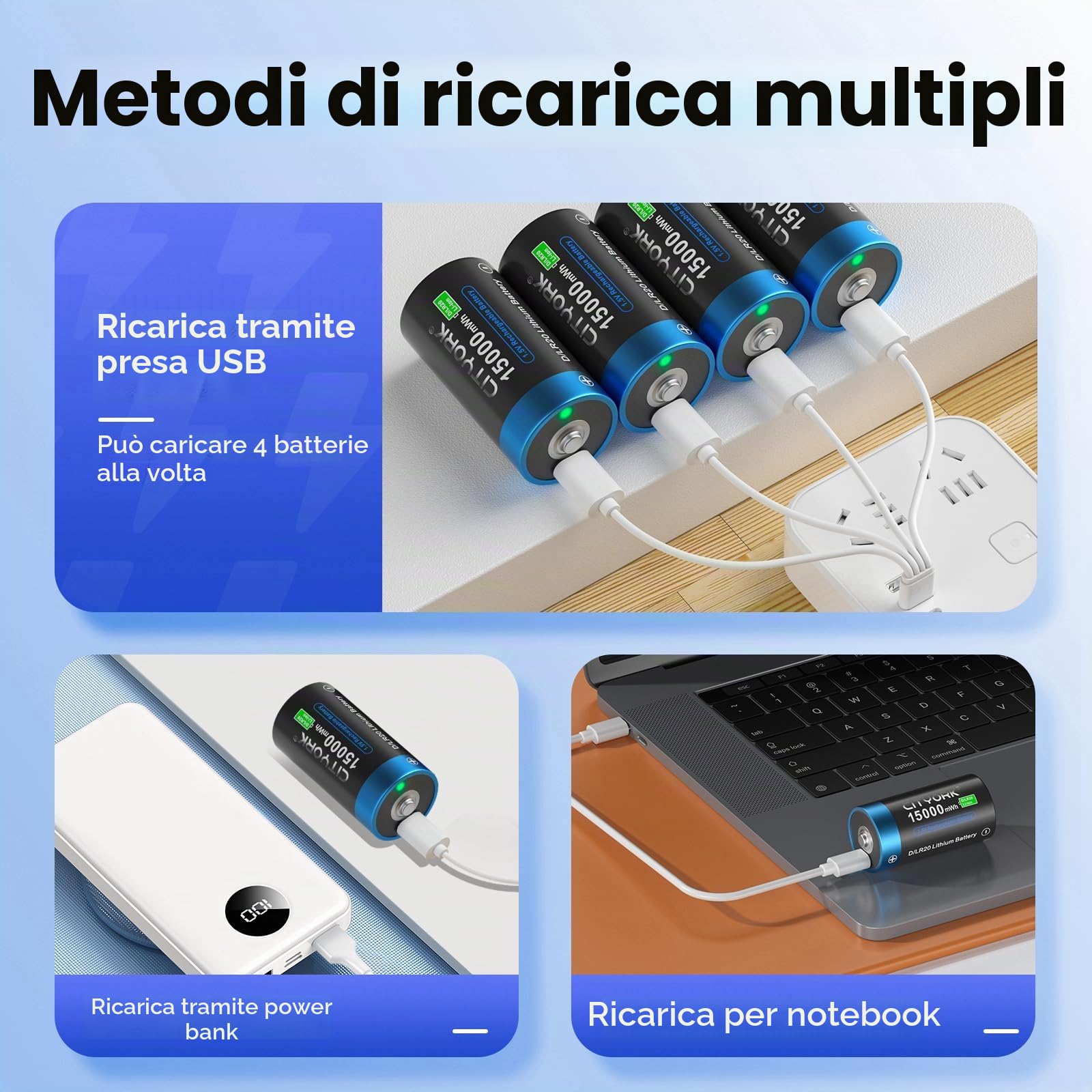 CITYORK Batteria USB D da 15000 mWh da 1,5 V, ricaricabile con cavo di ricarica USB-C (8 pezzi), batteria USB D ricaricabile agli ioni di litio, batterie Mono D LR20, oltre 1000 cicli e riciclabile,