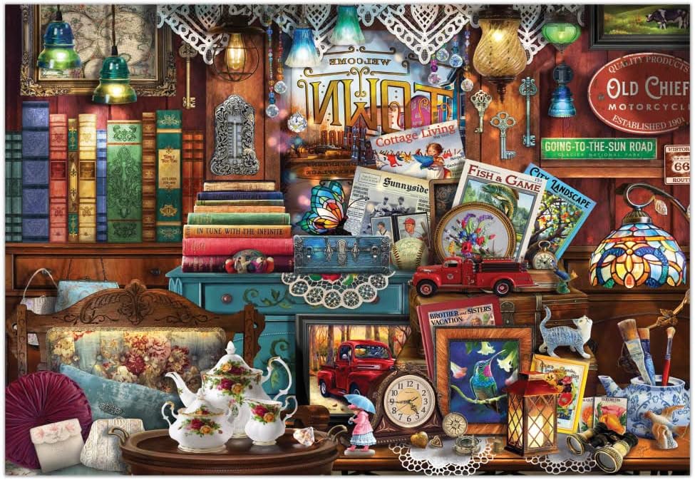 Crown Point Graphics Sunnyside Antiques Puzzle - 1000 Piece Jigsaw Puzzle for Adults - Antique Shop Jigsaw Puzzle with Vintage Books and Hidden Objects - Artist Gina Jane Lee