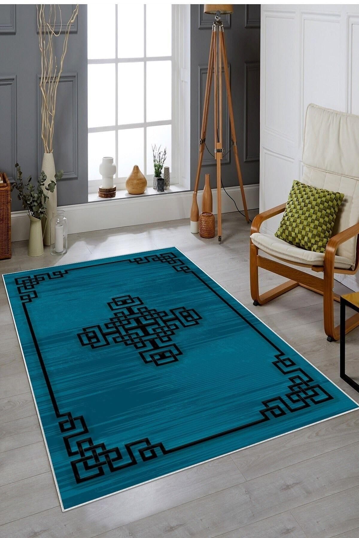 Pelangi Su Yeşili Kenar Işlemeli Yıkanabilir Kaymaz Taban Leke Tutmaz Modern Salon Halısı Ve Yolluk, Petrol Mavi-Siyah 180 x 250, 135809518025005