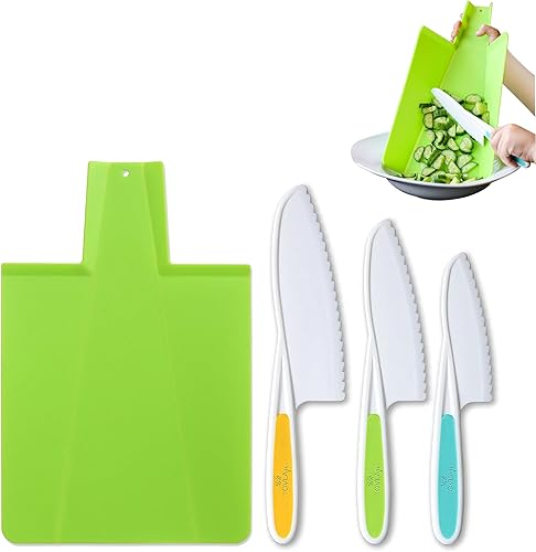 TOVLA JR. Juego de cuchillos Montessori y tabla de cortar plegable para niños cuchillos de cocina de seguridad para niños en 3 tamaños y