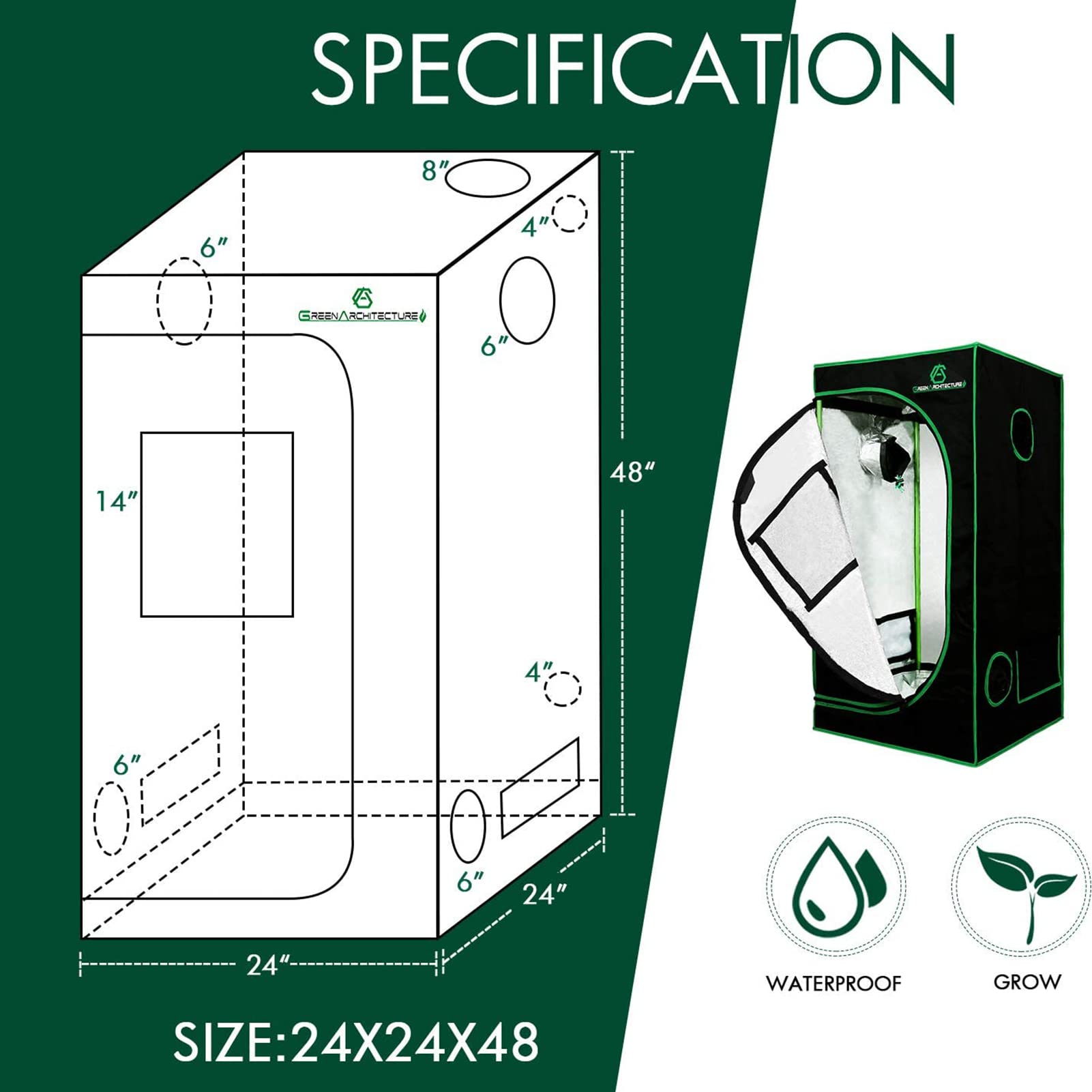 GA Grow namiot do uprawy 60 x 60 x 120 cm, odblaskowy namiot do uprawy hydroponicznej mylaru, z oknem obserwacyjnym i wodoodporną tacą podłogową do uprawy roślin w pomieszczeniach, 50 x 5 cm
