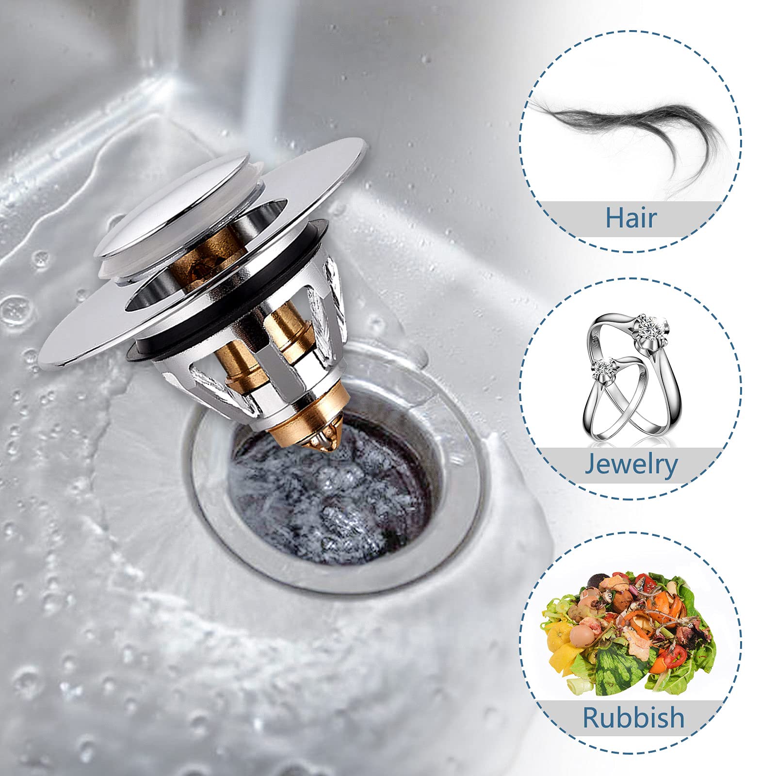 Tappo Lavandino Bagno Universale Piletta Click Clack Lavabo Bagno Scarico Lavabo Pop UP Ottone,Filtro di Scarico Rimbalzo del Lavabo Bagno (Argento)