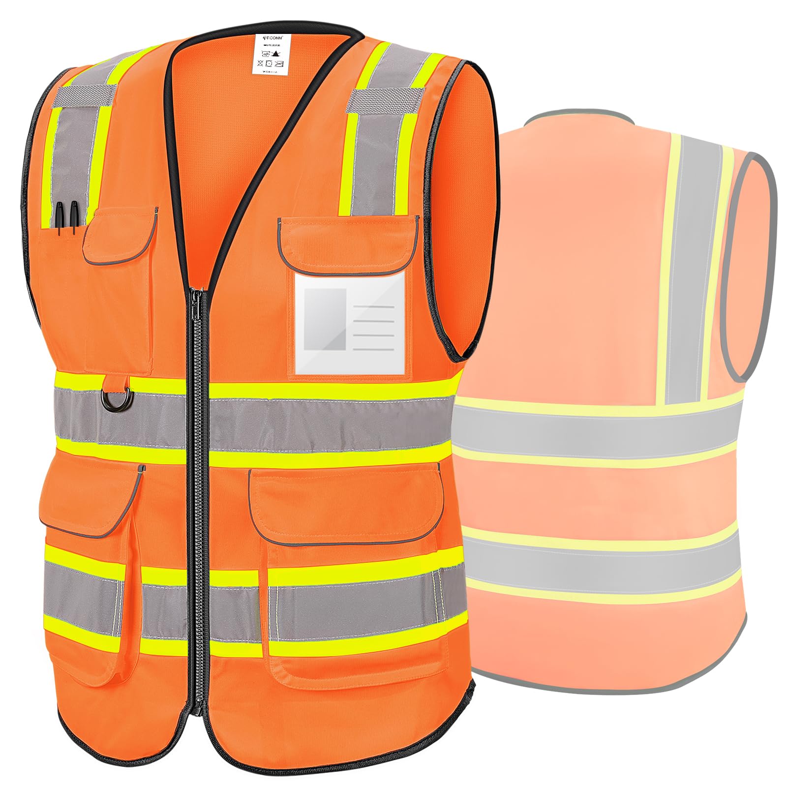 TICONN Gilet di sicurezza riflettente ad alta visibilità Classe II Gilet in poliestere per donne e uomini soddisfa gli standard ANSI, arancione-poliestere, M, Arancione-poliestere, M