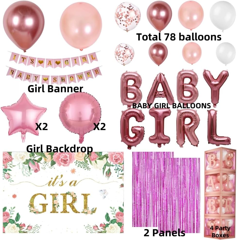 Girl Baby Shower Decorations 98Pcs Its a Girl Pink Baby Party Decorations with Balloons Boxes Backdrop Ballon Garland Banners Foil Balloons Party Supplies for Girl Baby Gender Reveal Party (Pink)