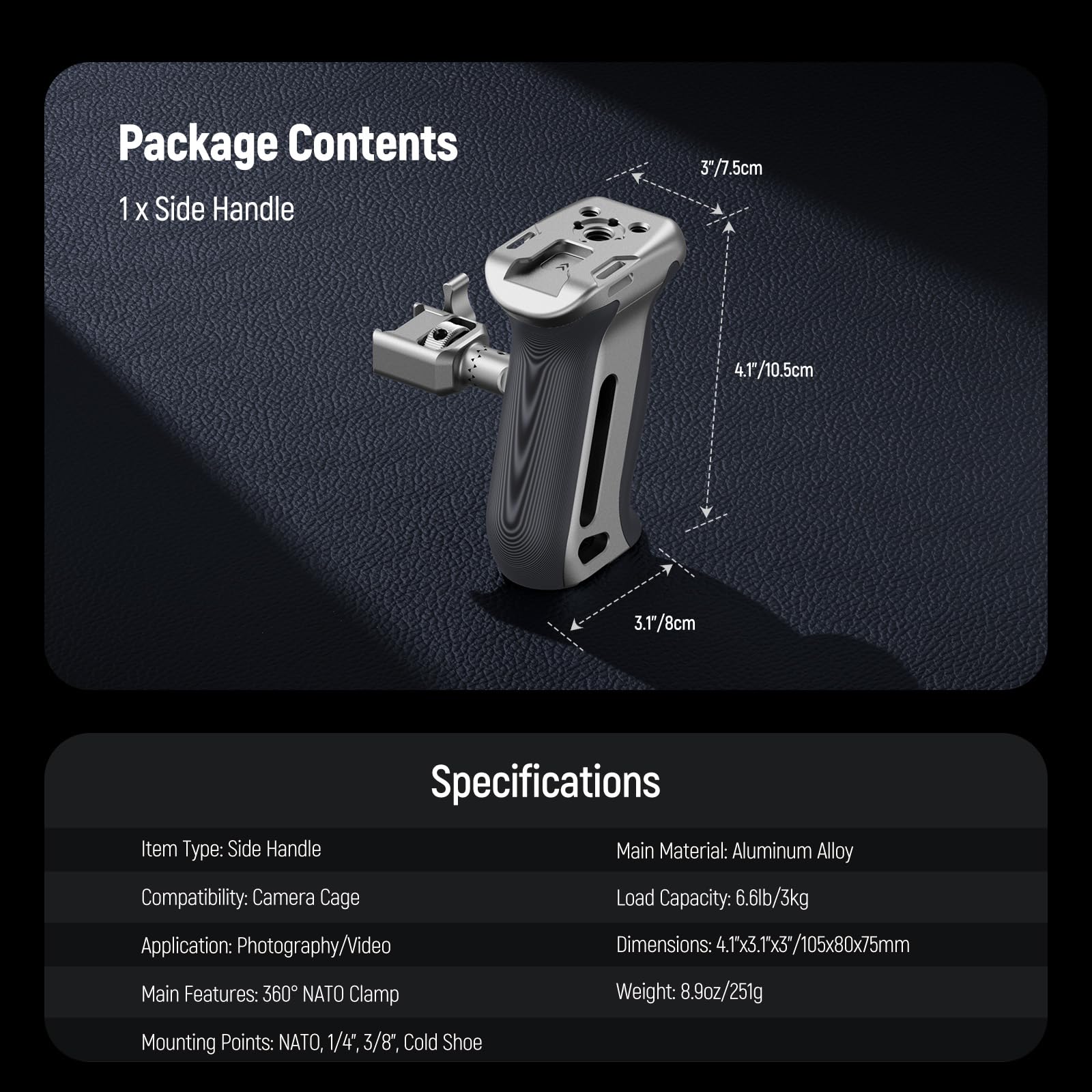 NEEWER Camera Side Handle NATO a Sgancio Rapido, Maniglia Laterale Ergonomica con Morsetto NATO, Presa Antiscivolo, Cold Shoe, Filetto 1/4" e 3/8" per ARRI, Compatibile con SmallRig Camera Cage, CA130