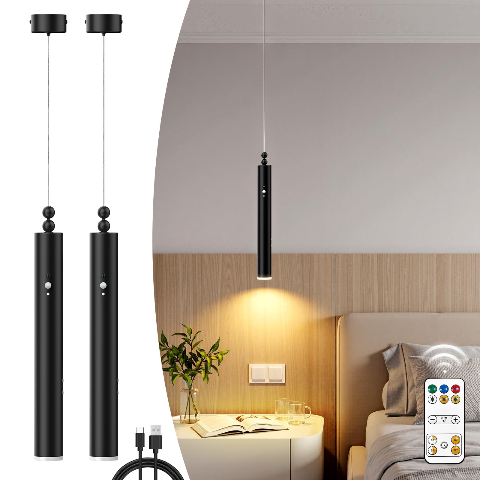 Akku Pendelleuchte 2er Set mit Fernbedienung, 8W LED Hängelampe, 5000mAh Pendellampe Akku Dimmbar 3 Farben, Timer 15-120min & Magnetisch Höhenverstellbar, für Küche, Esstisch, Wohnzimmer