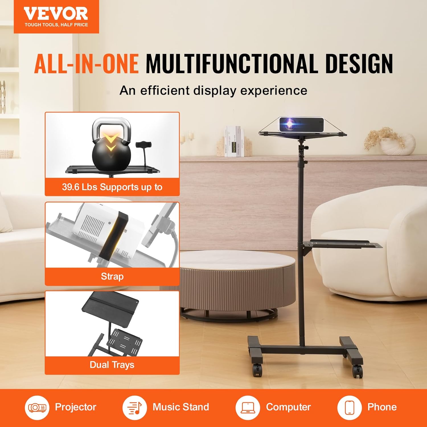 VEVOR Projector Stand with Wheels, Projector Floor Stand Adjustable Height from 22.8 to 57.3 in, Projector Mount with 2 Trays, Ideal for Outdoor Movies, Home, Office, Stage and Studio, Black