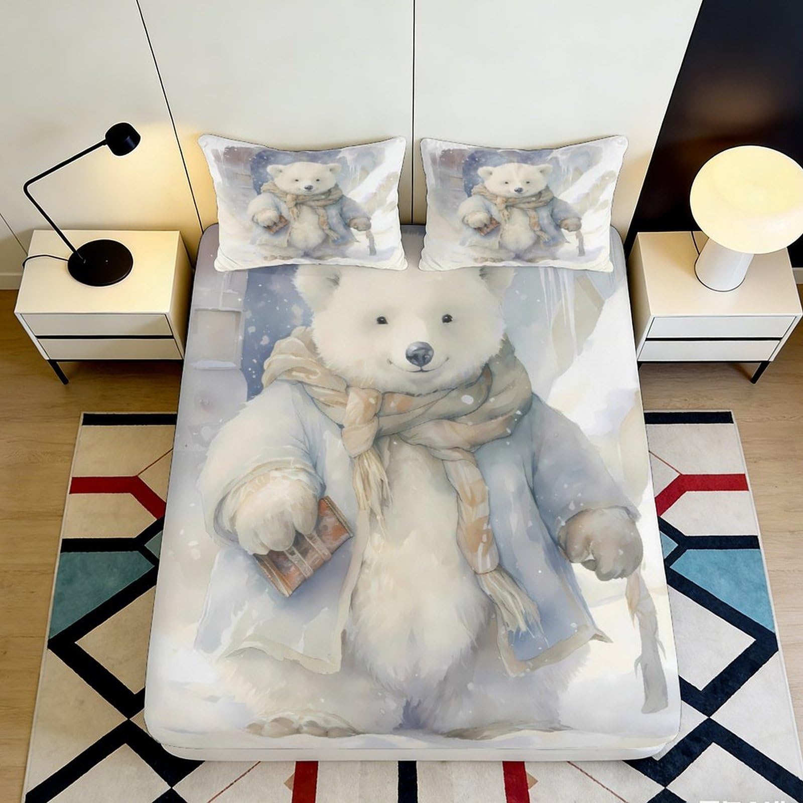 3D Printed Polar Bear Fitted Sheet Microfiber Non-Slip Deep Pocket Bedroom Bedding Polar Bear Mattress Fitted Cover for Adults Teens 140x200x25cm