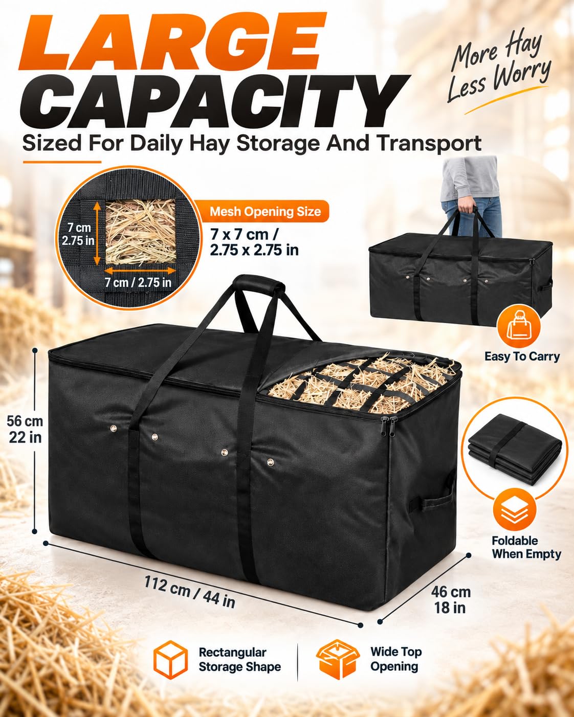 Borsa Fieno per Cavalli Mangiatoia Slow Feed Rete Grande capacità Resistente Sospesa Portatile Carico Superiore Cinghie Regolabili Ganci Capre Asini Stalla Rimorchio Fattoria,Nero,3pcs
