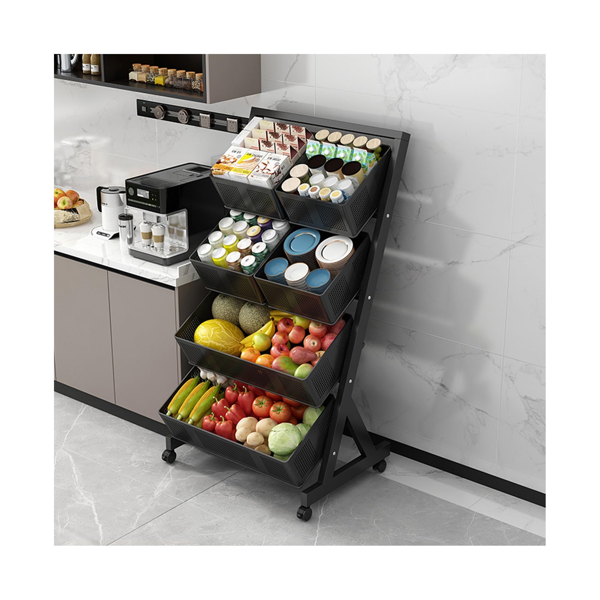 Estante Expositor de Dulces y Snacks de 3/4 Niveles, de pie, para Cocina, Organizador Angular para Patatas Fritas, Frutas, supermercado y despensa (Negro, 4 Niveles - 119 cm)