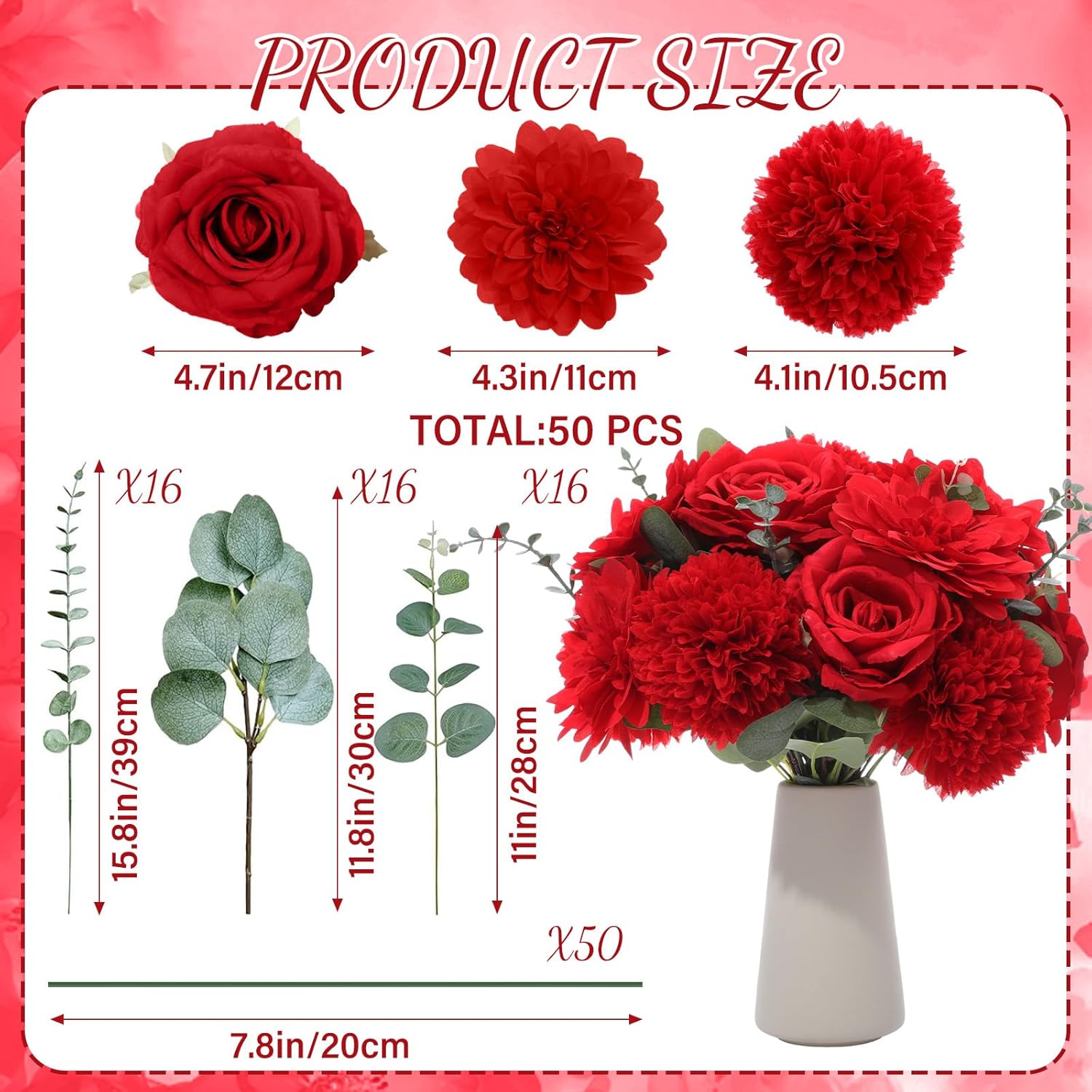 98 Pcs Artificial Flowers Bouquet Assorted Faux Flowers Heads with Stem Eucalyptus Leaves Silk Floral Table Centerpiece for DIY Wedding Party Wreath Home Decor(Red Color)
