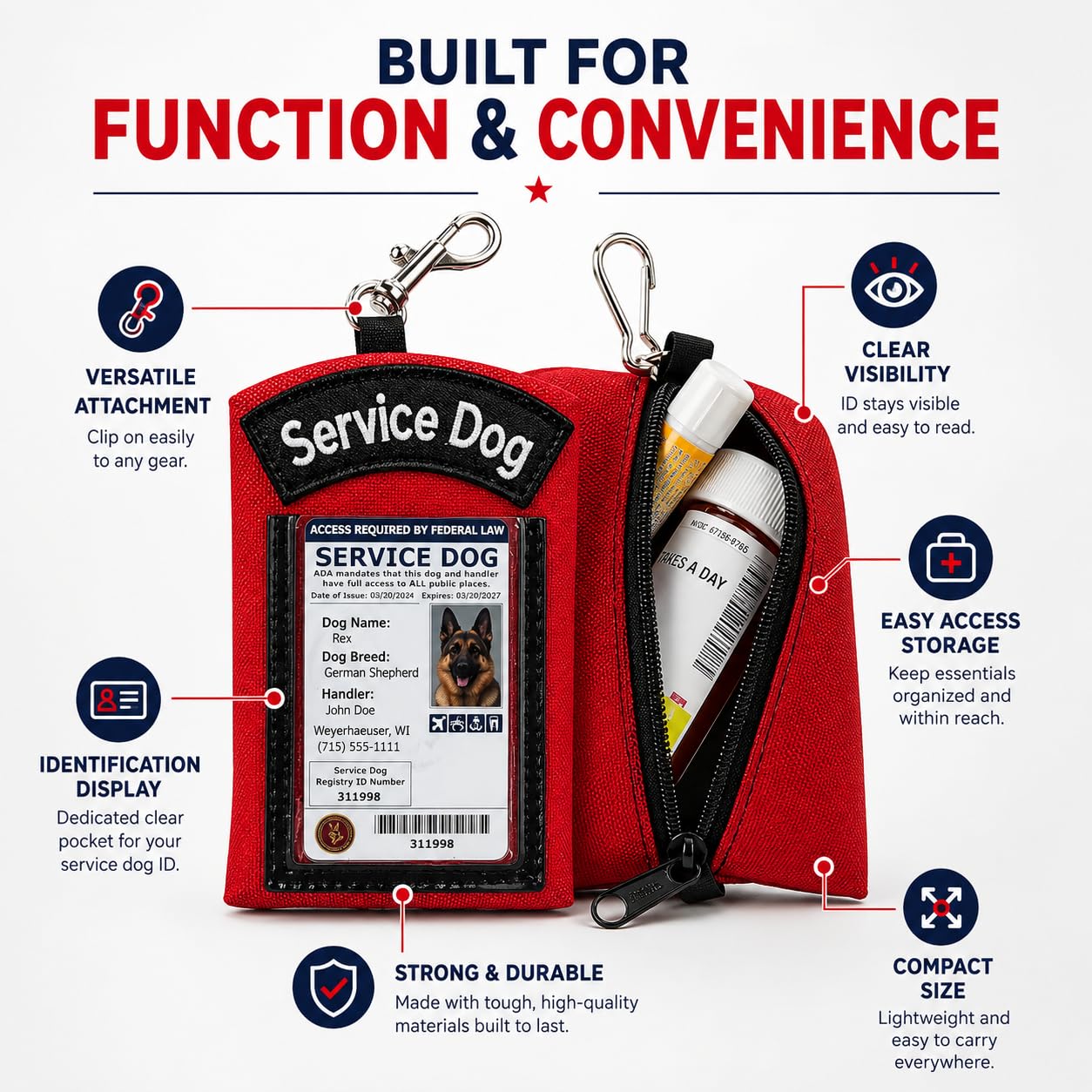 Activedogs Porte-Carte d'identité pour Chien avec Pochette zippée pour Transporter de Nombreux Petits Objets et Afficher Facilement l'identité de Votre Chien, Rouge