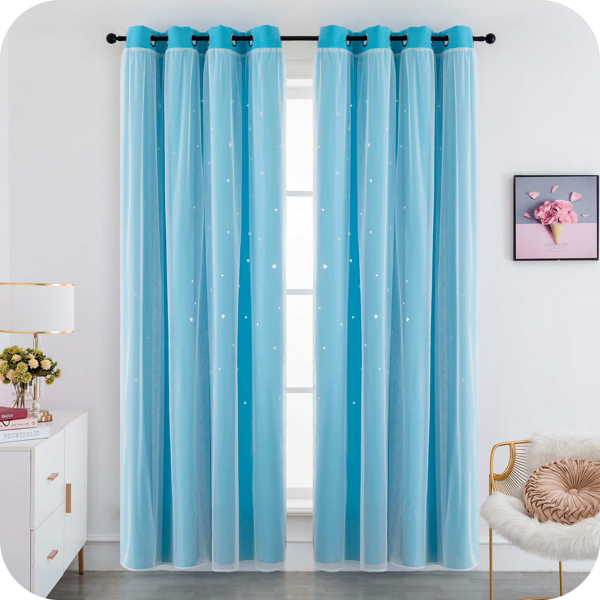 Par de cortinas dobles opacas suaves con estampado de estrellas vacías para dormitorio y habitación infantil, 2 paneles con ojales (140 x 235 cm, azul)