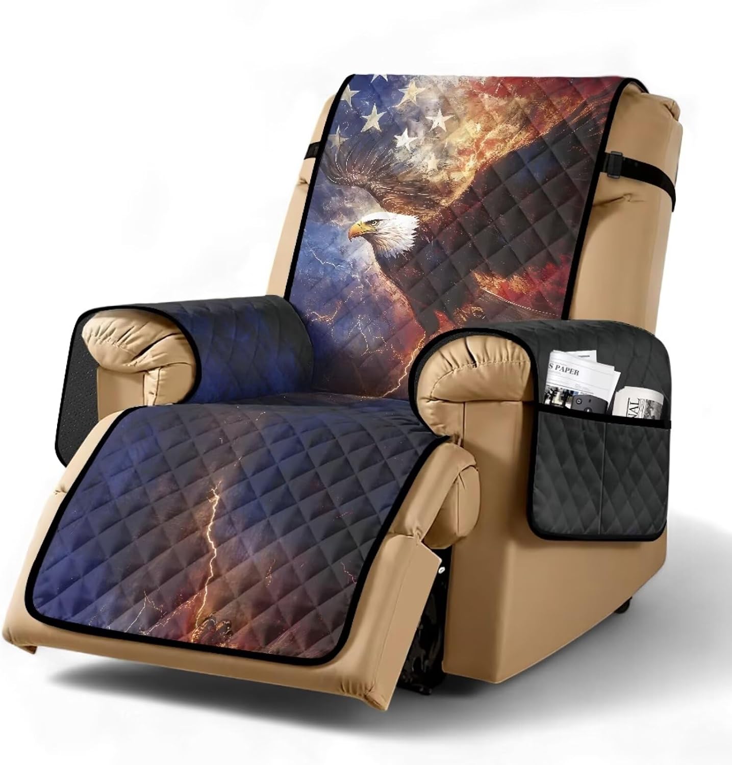 Eagle American Flag Lightning Print Recliner Cover Dustproof Reclining Sofa Slipcover with Side Pocket Anti-Slip Recliner Chair Slipcover Washable Lazy Boy Chair Cover for Pets