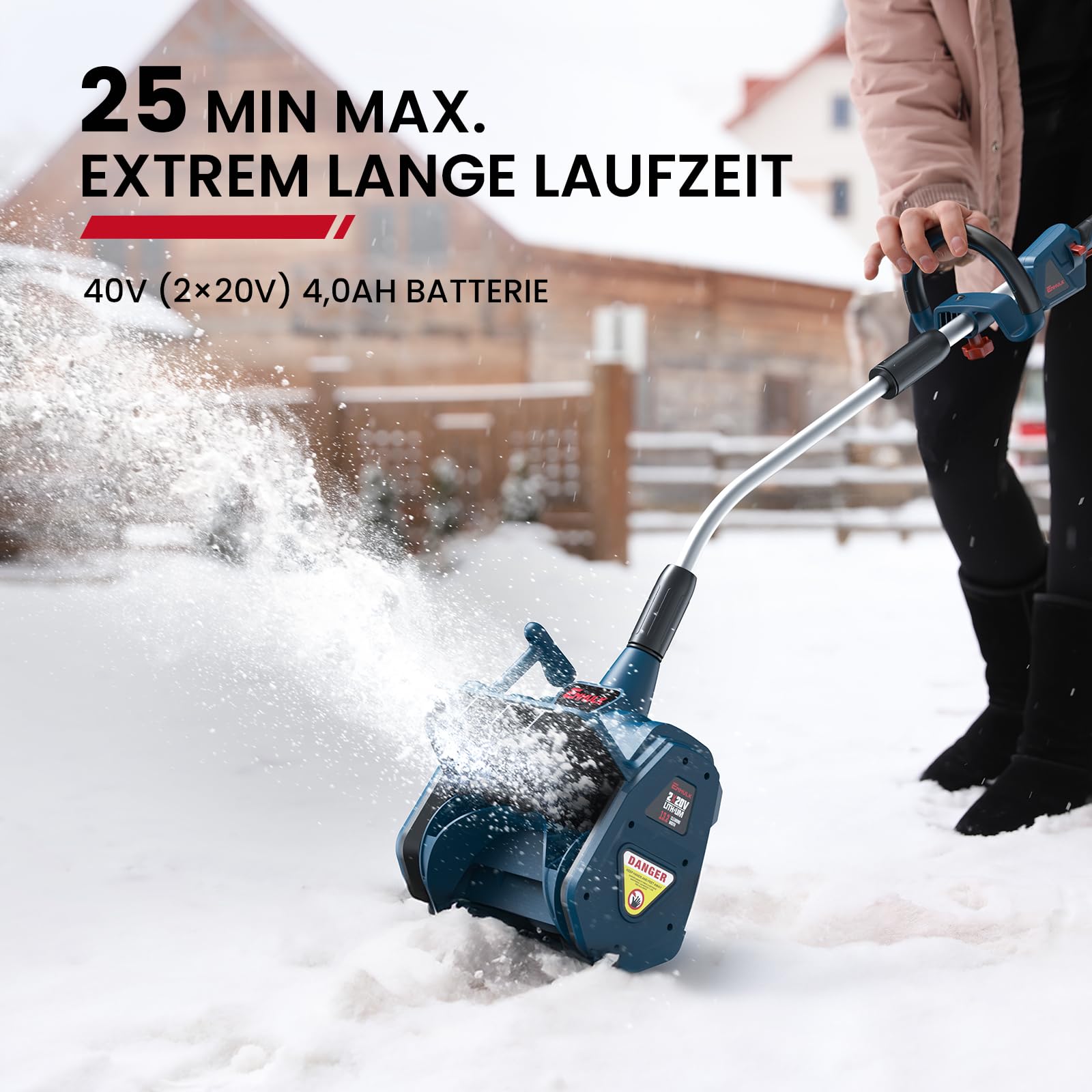 Enhulk Schneefräse 2x20V, 35cm Arbeitsbreite, 20cm Räumhöhe, 8m Wurfweite, ±30° Verstellbare Wurfrichtung, Akku-Schneeschaufel Mit Zusatzhandgriff (Inkl. 2x4Ah Akku & 2,2A Doppelladegerät)