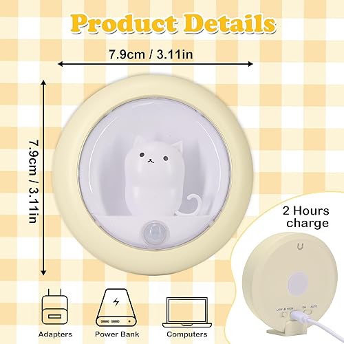 Miniatura 8 de Attivolife Luz con Sensor de Movimiento de Gato, Luz Nocturna Recargable Activada por Movimiento LED Blanco Cálido, Brillo Ajustable, Portátil para