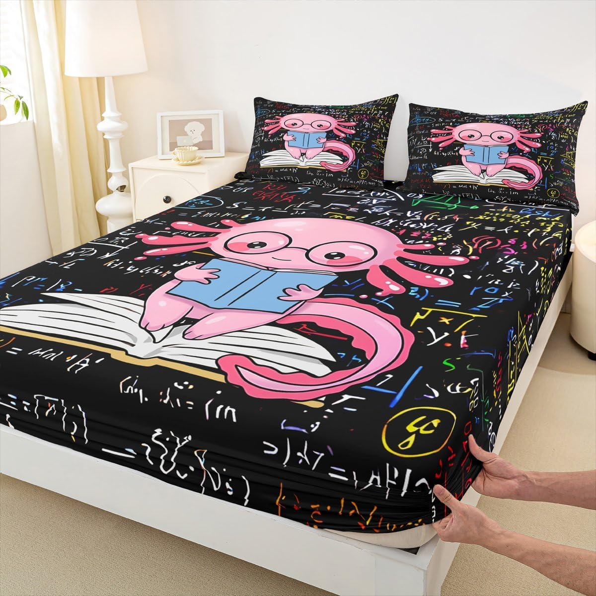 Erosebridal Math Axolotl Fitted Sheet Full Size Cute Axolotl Bed Sheets Study Coastal Ocean Animal Bedding Set Cute Salamander Sheets