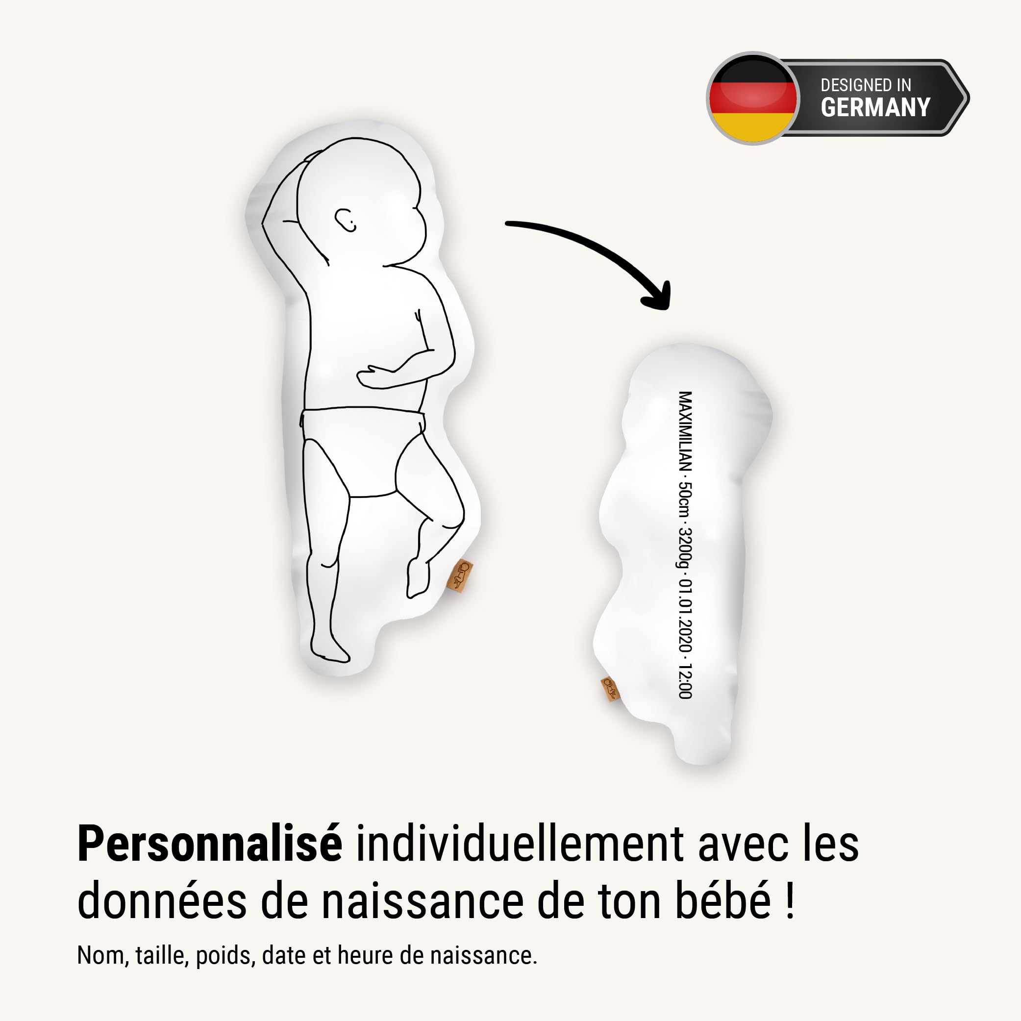 The Birth Pillow Coussin de Naissance personnalisé à l’échelle 1:1 | avec prénom pour Nouveau-nés | Souvenirs en Taille réelle garçons Filles (Original, sans Poids, Classy Three)