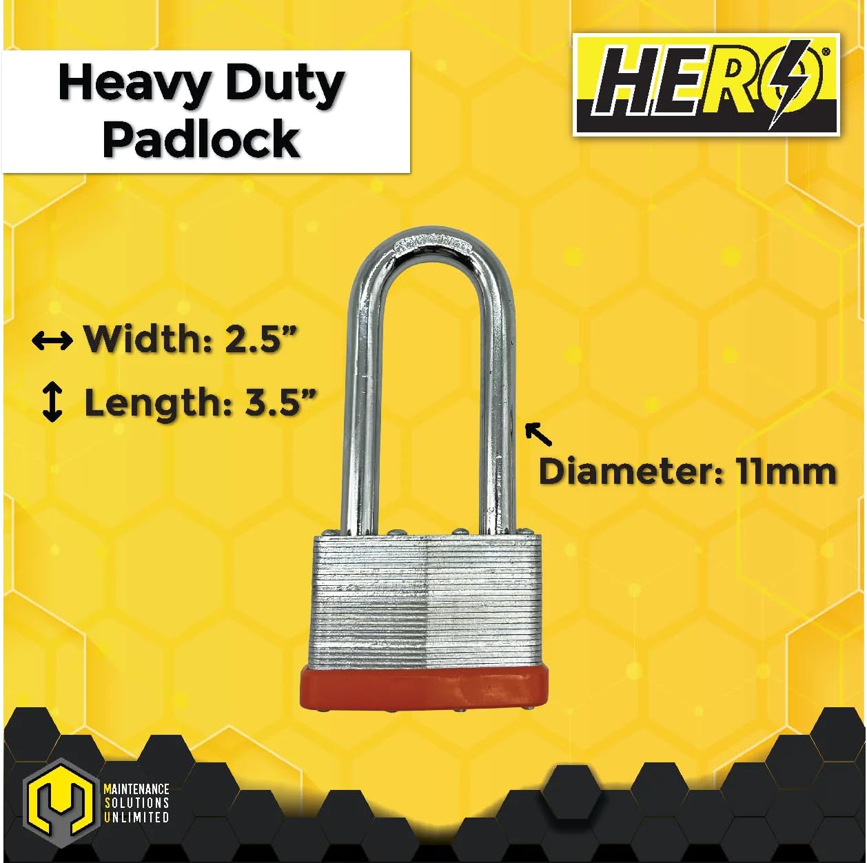 HERO® 2.5" 65mm Heavy Duty Laminated Padlock Reinforced Hardened Steel Shackle for Trailers Machinery Lockers Garages Doors Gates Includes 2 Keys Unique Pattern for Every Lock Pack of 2