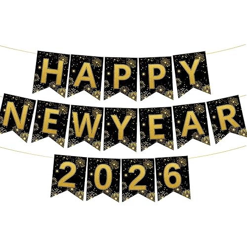 Pre-strung Fireworks Happy New Year Banner Gold Glitter New Years Eve Party Banner for Gold 2026 NYE Party Supplies
