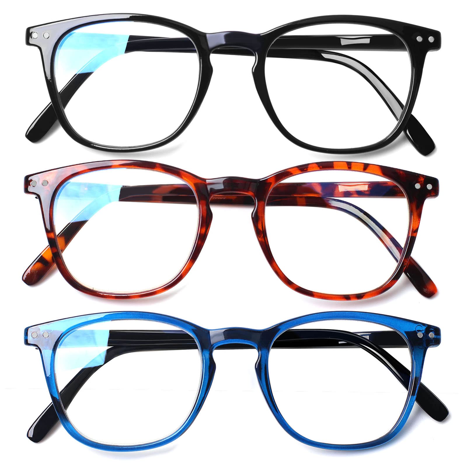 Henotin Blaulichtblockierende Lesebrille, Federscharnier, Computer-Lesegerät, für Männer und Frauen, UV-Filterlinsen (3 gemischte Farben, 0,75) 3 Stück
