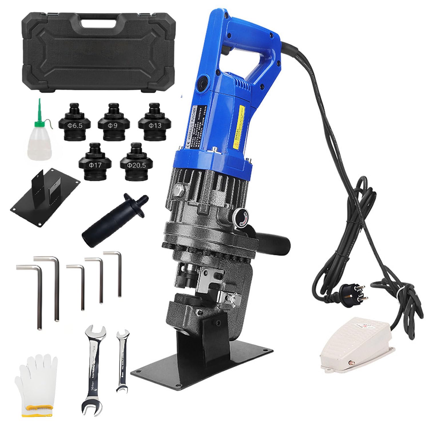 DUMIPME Portable Hydraulic Metal Puncher, Electric Hole Punching Machine 1800W with Foot Switch, 5 Dies, High Speed Punch for Iron Copper Aluminum Angle Steel MHP-20