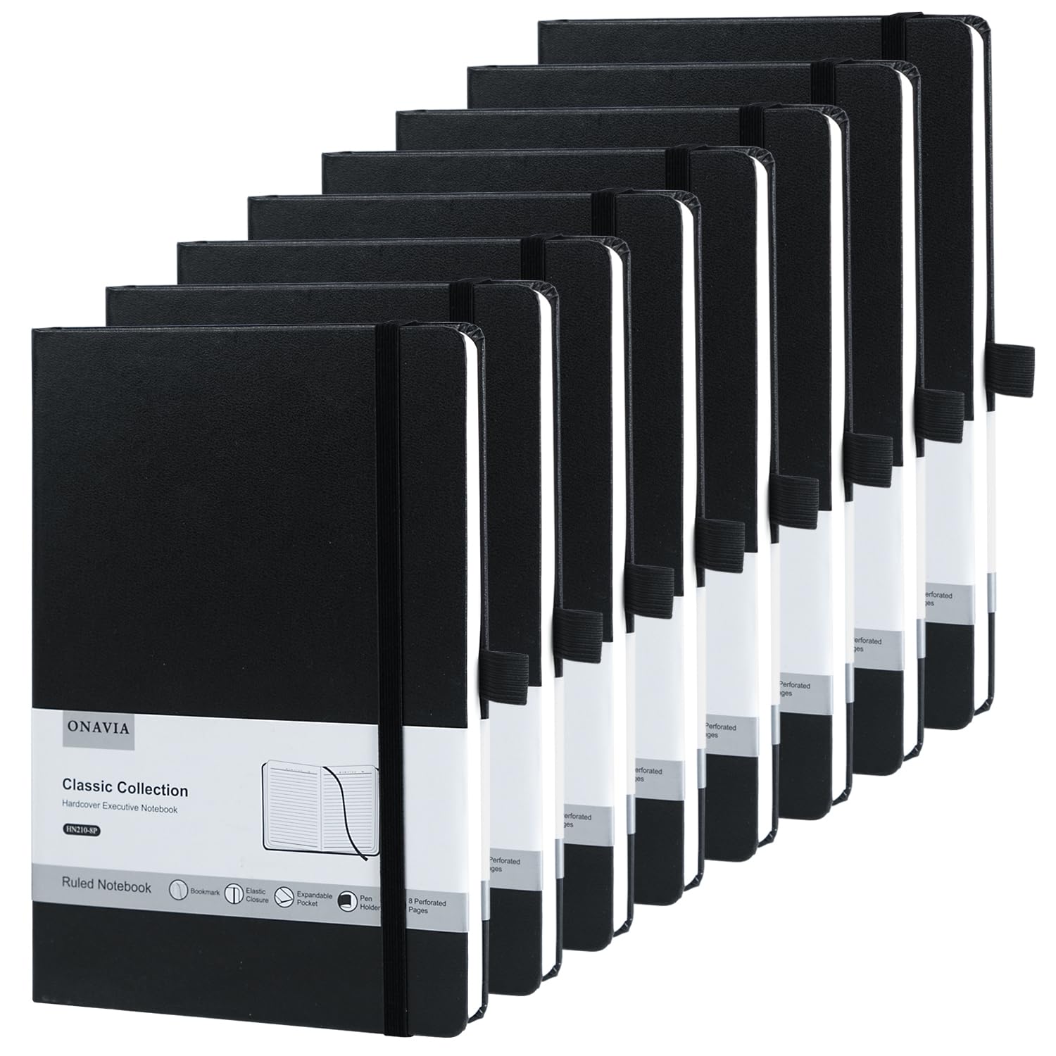 ONAVIA A5 Cuadernos paquete de 8, bloc de notas de 14 cm x 21 cm, Libreta Liso de Tapa Dura con Papel Grueso de 100 g/m², Cuaderno en Blanco de Tapa Dura de 160 Páginas Para Escritura, Estudio (Negro)