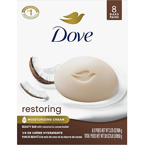 Dove Beauty Bar Soap Restoring Coconut & Cocoa Butter, 8 Bars for Restored Skin, Nourishes Skin 3.75 oz