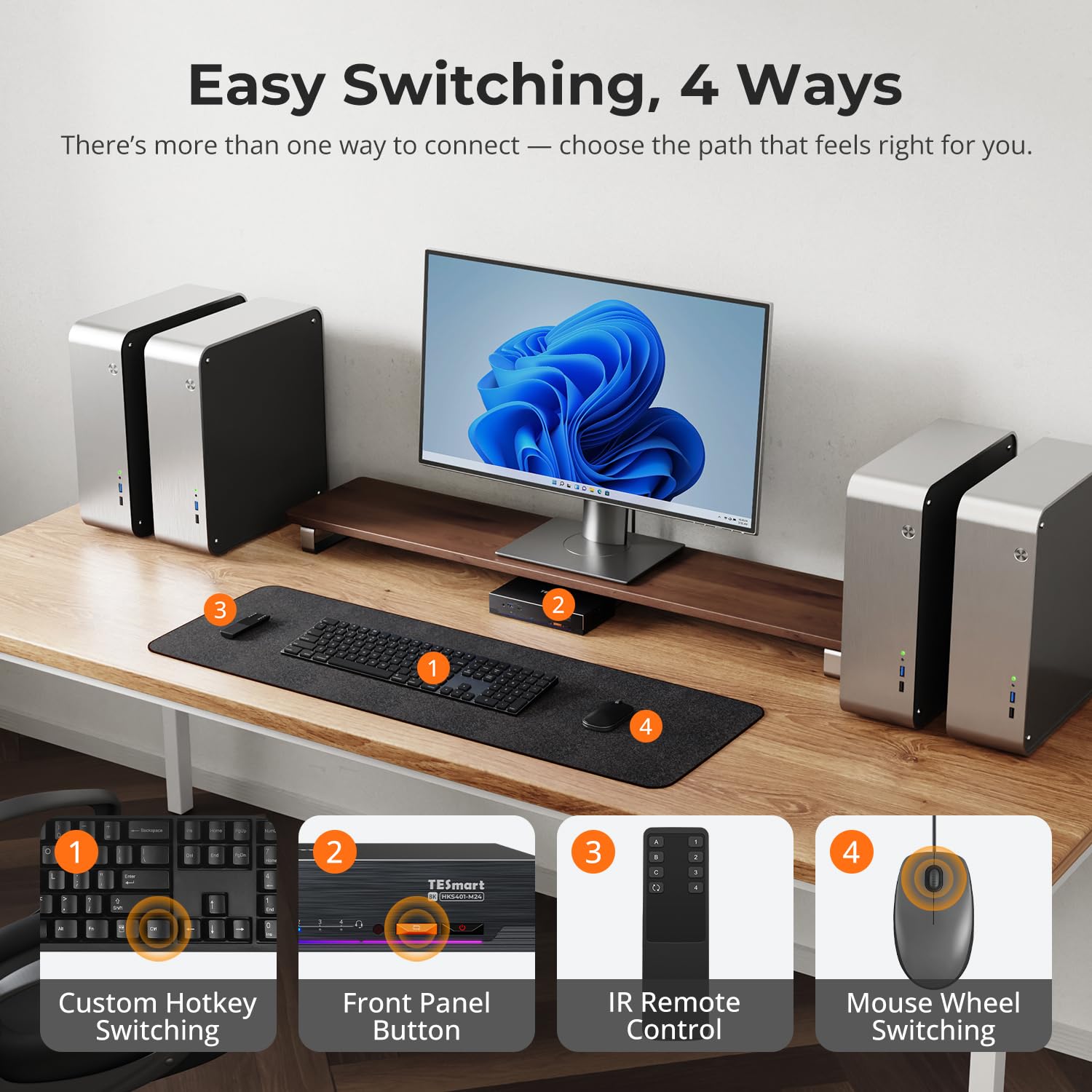 TESmart 8K@60Hz HDMI KVM Switch 4 PC 1 Monitor, USB3.0 5 HDMI Ports 4K@144Hz KVM-Switches Für Gaming, EDID Emulators, Hotkey Switch, L/R Audio & Microphone, ADI Chip, 4 In 1 Out Umschalter, 4*Kabeln