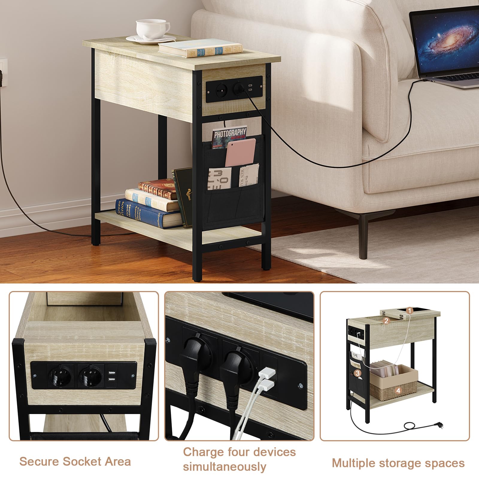 EUGAD Tavolino da Salotto con Area di Ricarico, Tavolino da Divano Laterale, Comodino con Piano Ribaltabile, Scatola in Tessuto, 2 Prese e 2 Porta USB, Rovere Chiaro